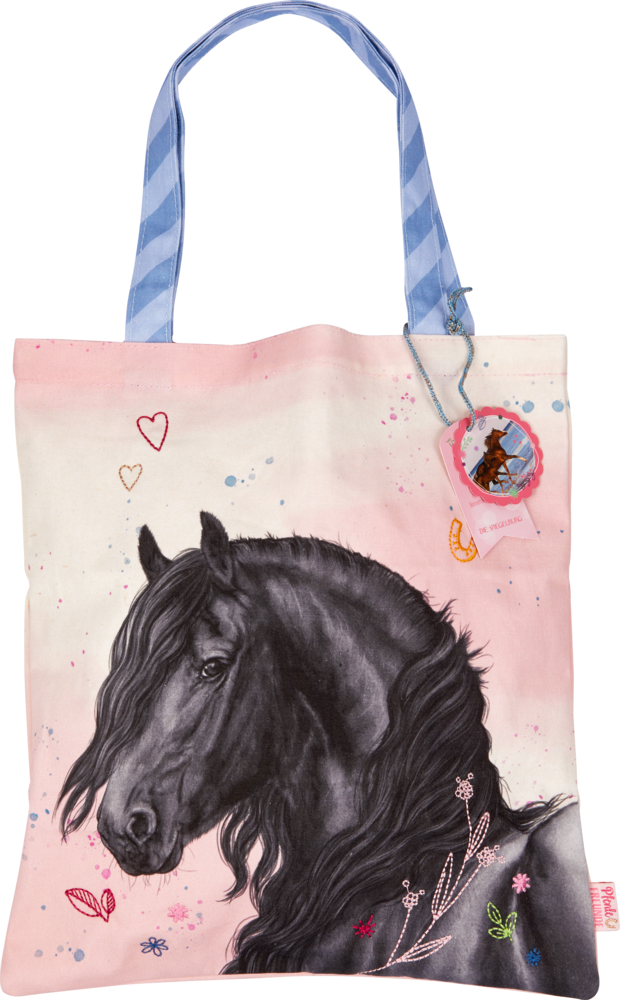 Kleiner Shopper dream big! - Pferdefreunde Tragetasche mit einem schwarzen Pferd auf rosa Hintergrund, blau gestreiften Griffen und kleinen bunten Akzenten.
