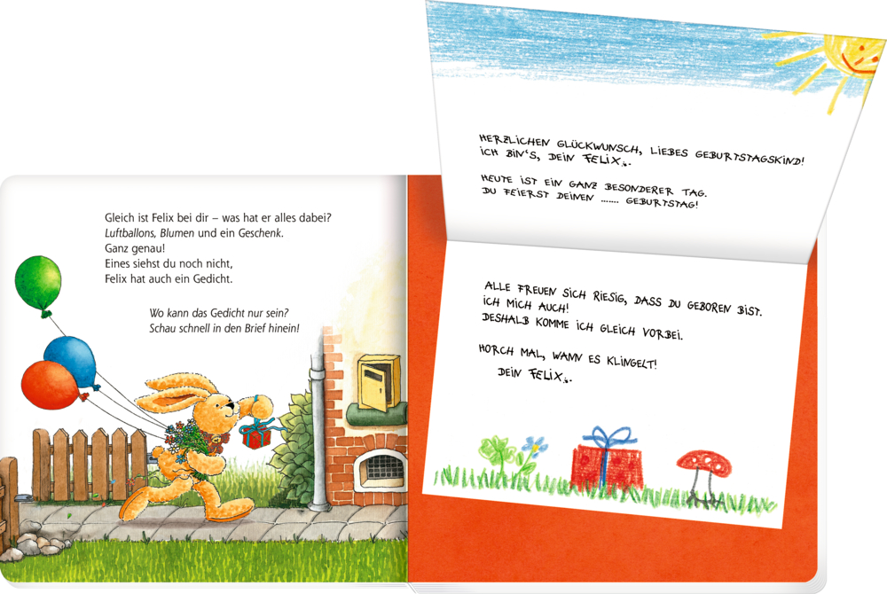 Ein Comic-Hase rennt mit Luftballons und Geschenken zu einem Haus, daneben liegt eine offene Geburtstagskarte, auf einer Doppelseite mit Text.