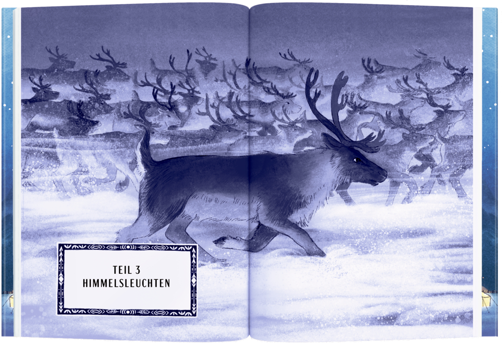 Eine Herde Rentiere rennt durch den Schnee; Text lautet: Teil 3 Himmelsleuchten, abgebildet auf einer Doppelseite.
