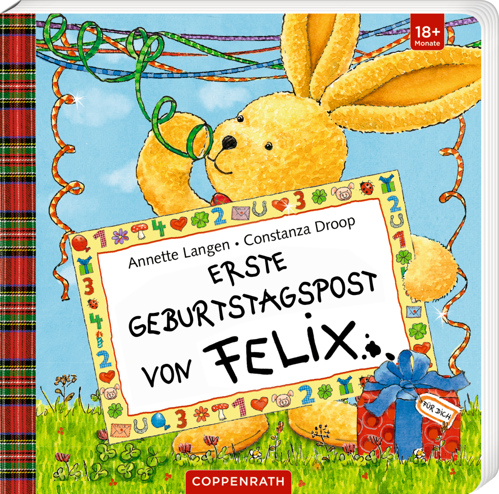 Erste Geburtstagspost von Felix (Pappbilderbuch) Gelber Hase hält ein Geburtstagsschild und einen Ballon auf einer Wiese mit festlicher Dekoration, auf dem Cover von "Erste Geburtstagspost von Felix".