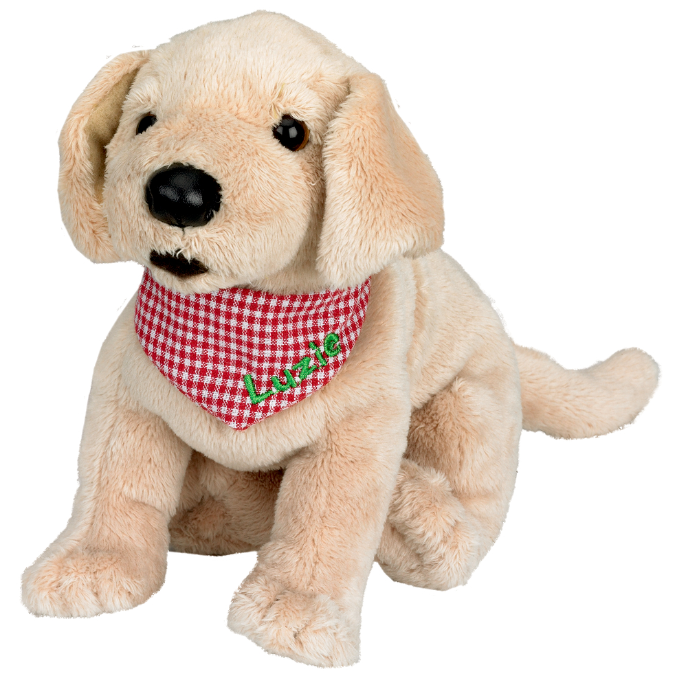 Labrador Welpe Luzie (ca. 25 cm) Lustige Tierparade Plüschiger hellbrauner Hund mit rot-weiß kariertem Halstuch und der grünen Aufstickung „Lucky“.