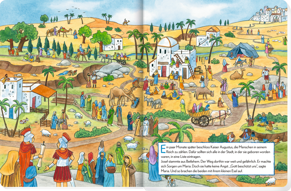 Wimmelige Buchszene des geschäftigen Marktplatzes von Bethlehem mit Menschen, Tieren und Gebäuden.