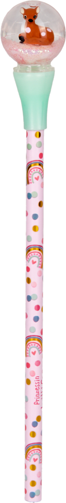 Rosa Stift mit Regenbogenmuster und einer kleinen Schneekugel mit Glitzer und Fuchsmotiv im Inneren.