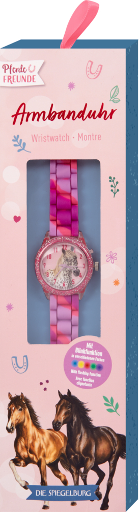 Rosafarbene Kinderarmbanduhr mit Pferdemotiv in einer farbenfrohen Schachtel mit Pferdemotiv und deutschem Text.