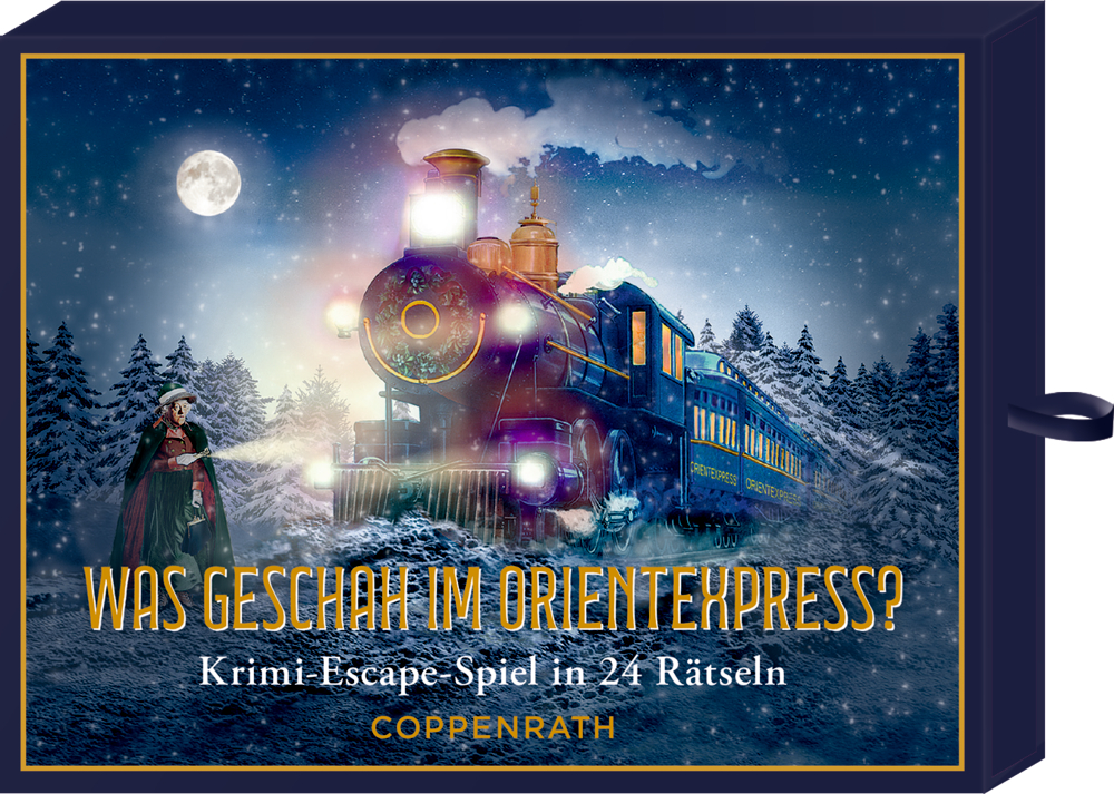 Was geschah im Orientexpress? Krimi-Escape-Advents-Schachtelspiel (Behr) Auf einer Box ist ein Dampfzug der durch die verschneite Nacht fährt abgebildet, eine Frau steht daneben, der Titel lautet: Was geschah im Orientexpress?.