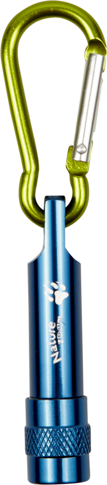 Karabiner-Taschenlampe Nature Zoom Blaue Taschenlampe aus Metall mit einem grünen Karabinerhaken an der Oberseite.
