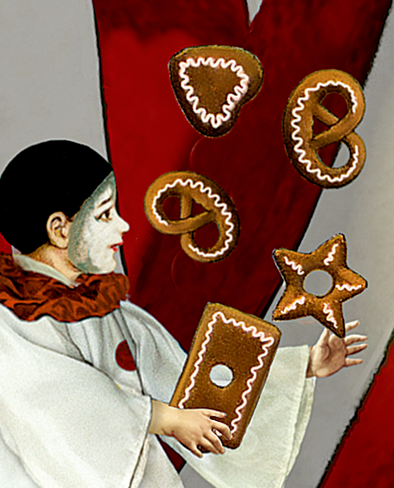 Kalendertürchen: Ein Pantomime jongliert vor einem rot-grauen Hintergrund mit fünf dekorierten Lebkuchen in verschiedenen Formen.