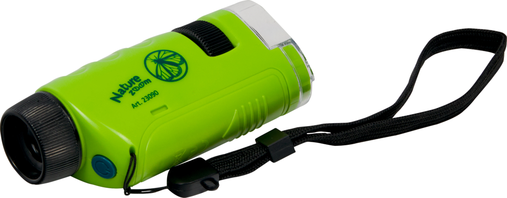 Grünes Monokular, Handschlaufe, Einstellrad am Objektiv.