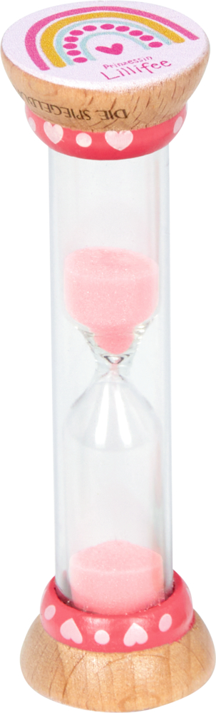 Sanduhr aus Holz mit rosa Sand, Herzakzenten und einem Regenbogendesign oben drauf.