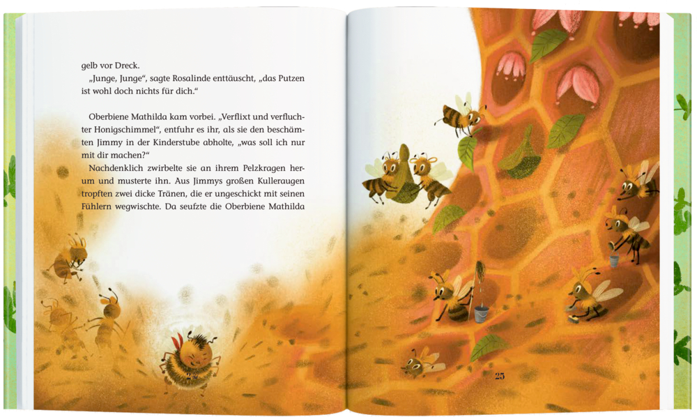 Auf einer Doppelseite mit  Text sind Bienen die sich bei einem Bienenstock mit Waben und Blüten unterhalten, einige fliegen, während andere auf dem Boden bleiben.