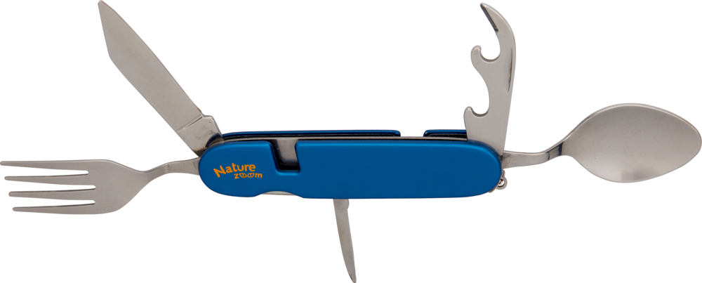 Camping-Besteck - Nature Zoom Blaues Multifunktionswerkzeug mit Messer, Gabel, Löffel, Dosenöffner und ausgefahrener Ahle; „Nature Zoom“-Etikett am Griff.