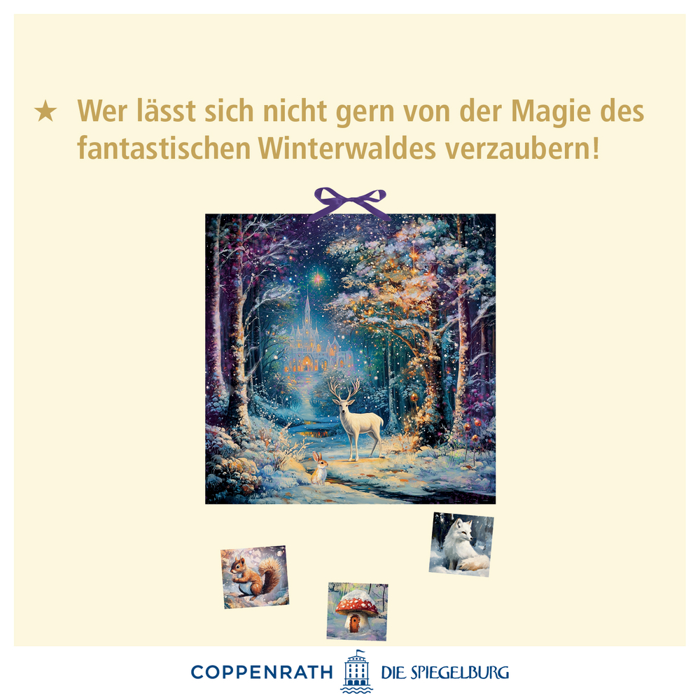 Weißer Hirsch in einem zauberhaften Winterwald, umgeben von glitzernden Bäumen und Waldtieren.