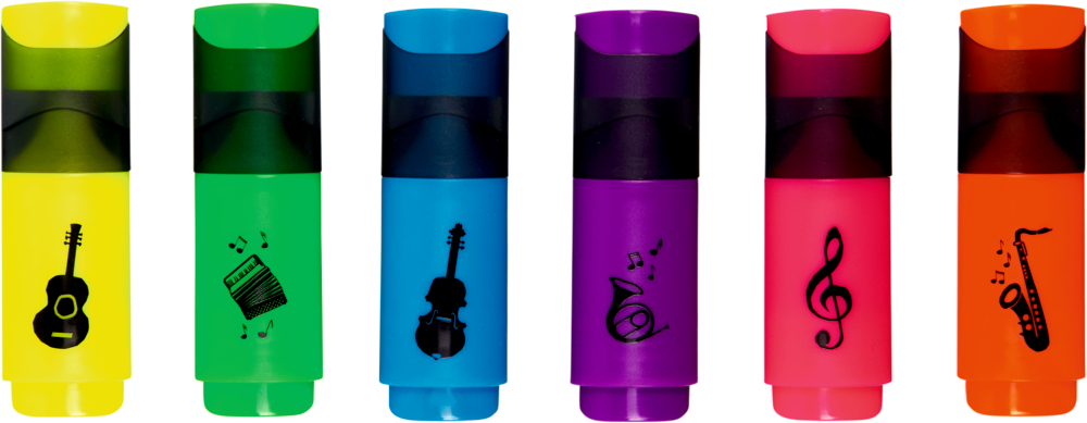 Sechs bunte Textmarker mit jeweils einem schwarzen Musik-Symbol auf der Vorderseite.