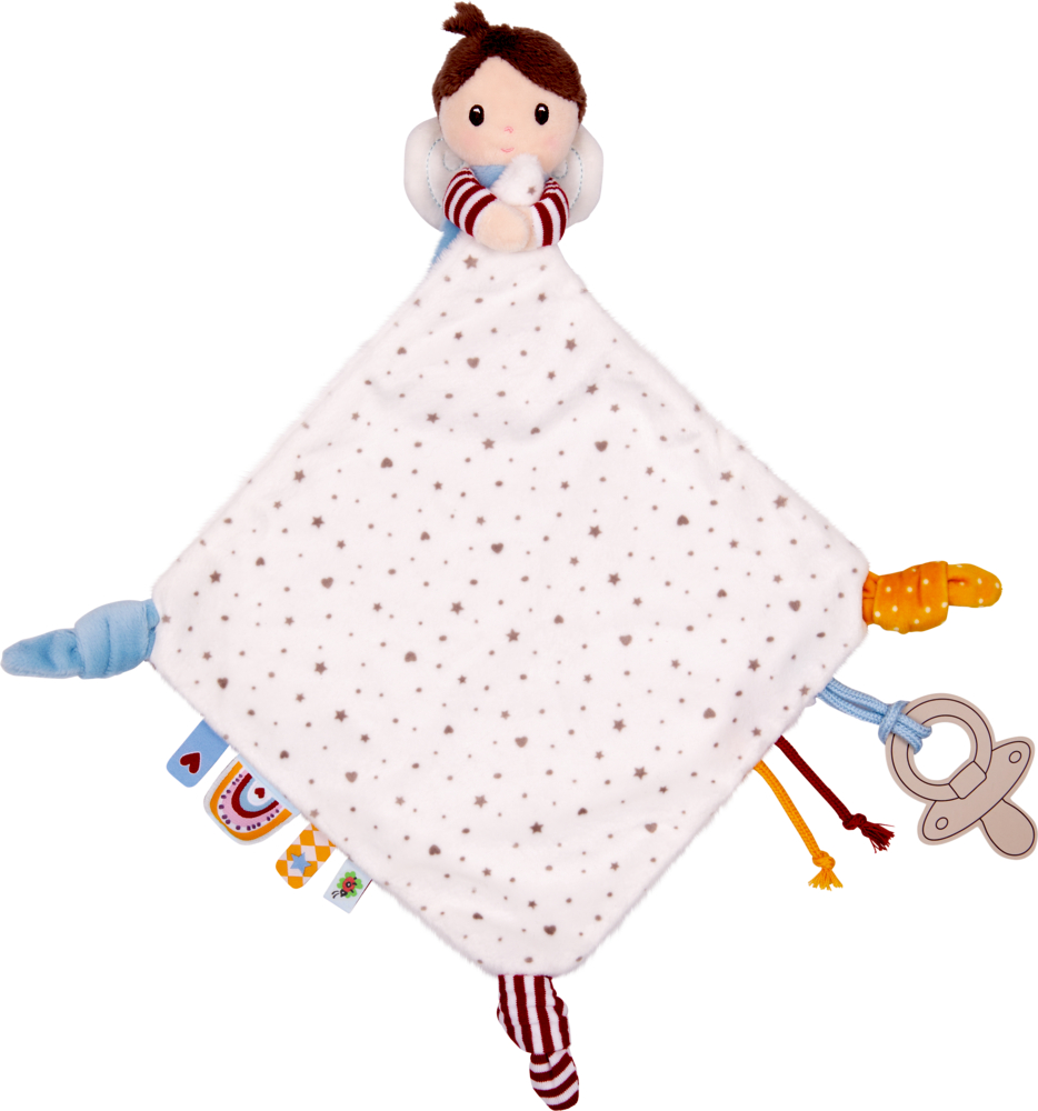 Schnullertuch Schutzengel - BabyGlück Kleines Stoffpüppchen hält ein Schmusetuch mit Sternenaufdruck, bunten Stoffstreifen, Beißringschnuller und geknoteten Ecken.