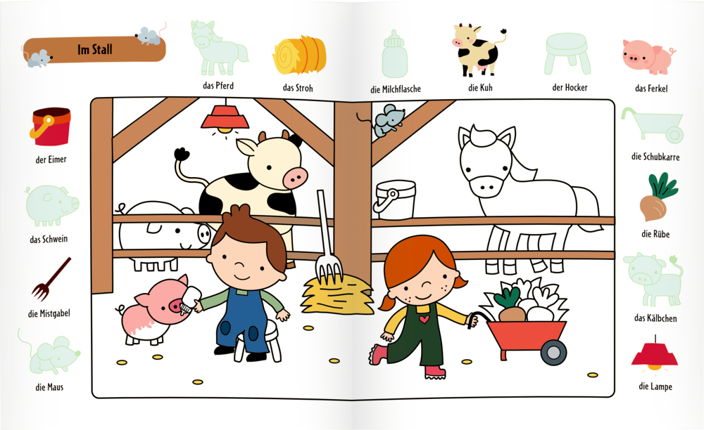 Doppelseite zum bestickern und ausmalen auf der sich Kinder um Tiere und Pflanzen in einer Scheune mit Kuh, Pferd, Schwein und landwirtschaftlichen Geräten kümmern.