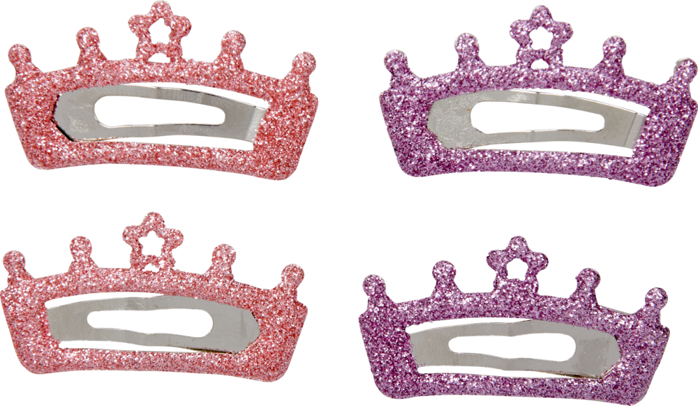 Set aus vier glitzernden Haarspangen in Kronenform – zwei rosa, zwei violett –, die in einem Rechteck angeordnet sind.
