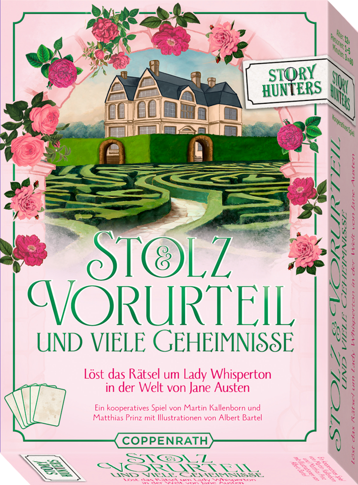 Story Hunters: Stolz & Vorurteil und viele Geheimnisse Brettspielbox: Herrenhaus, Gartenlabyrinth, rosa Rosen, r Text, inspiriert von Jane Austens „Stolz und Vorurteil“.
