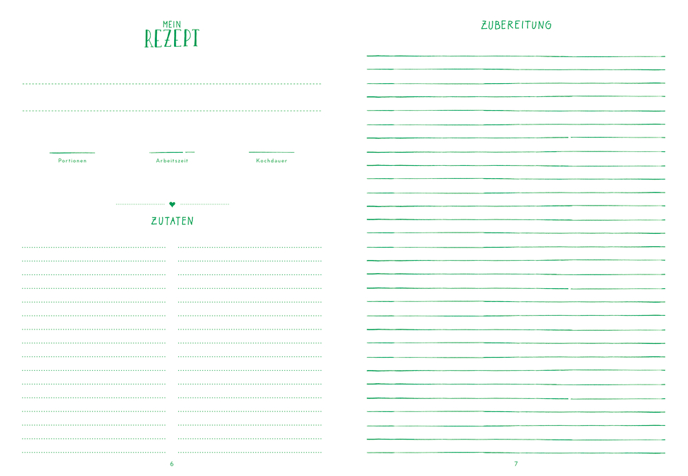 Doppelseitige Innenansicht: Grün-weiße Rezeptvorlage mit Abschnitten für Zutaten, Anweisungen, Portionen und Kochzeit zum Ausfüllen.