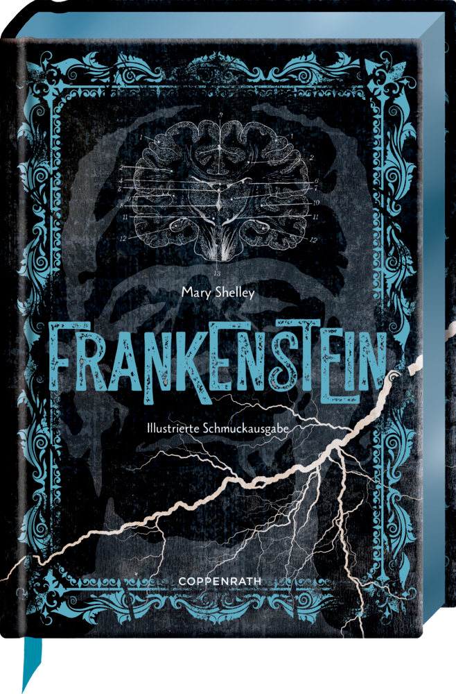Große Schmuckausgabe: Mary Shelley, Frankenstein Frankenstein-Buchcover mit Gehirnillustration, blauem Rand, Blitzen und alles auf schwarzem Hintergrund.
