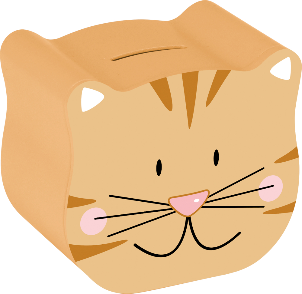 Katze, Spardose - Bunte Geschenke Lächelnde, hellbraunns Spardose in Katzenform mit rosa Wangen und einem Münzschlitz oben.