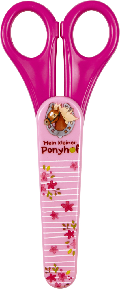 Bastelschere Mein kleiner Ponyhof Rosa Kinderschere mit Pferdeillustration, Blumenmuster und „Mein kleiner Ponyhof“-Schriftzug auf dem Griff.