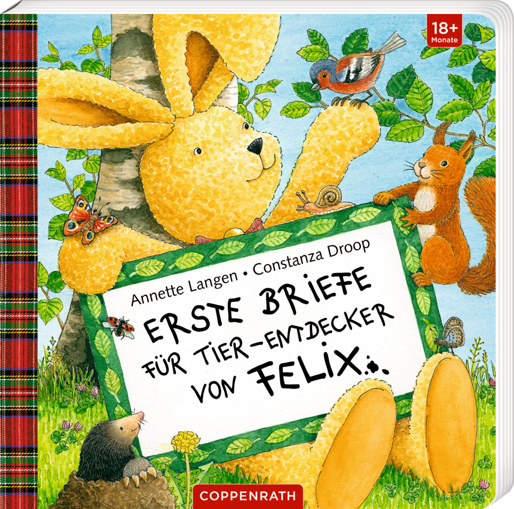 Erste Briefe für Tier-Entdecker von Felix (Pappbilderbuch) Ein gelber Plüschhase hält ein Schild mit tierischen Freunden in einer lebendigen, farbenfrohen Waldszene auf dem Cover von "Erste Briefe für Tier-Entdecker von Felix".