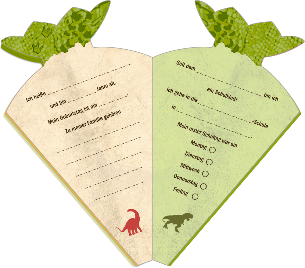 Aufgeschlagenes Notizbuch in Schultütenform mit Dinosauriergrafiken und vorgefertigten Linien für persönliche Angaben in Formularfeldern.