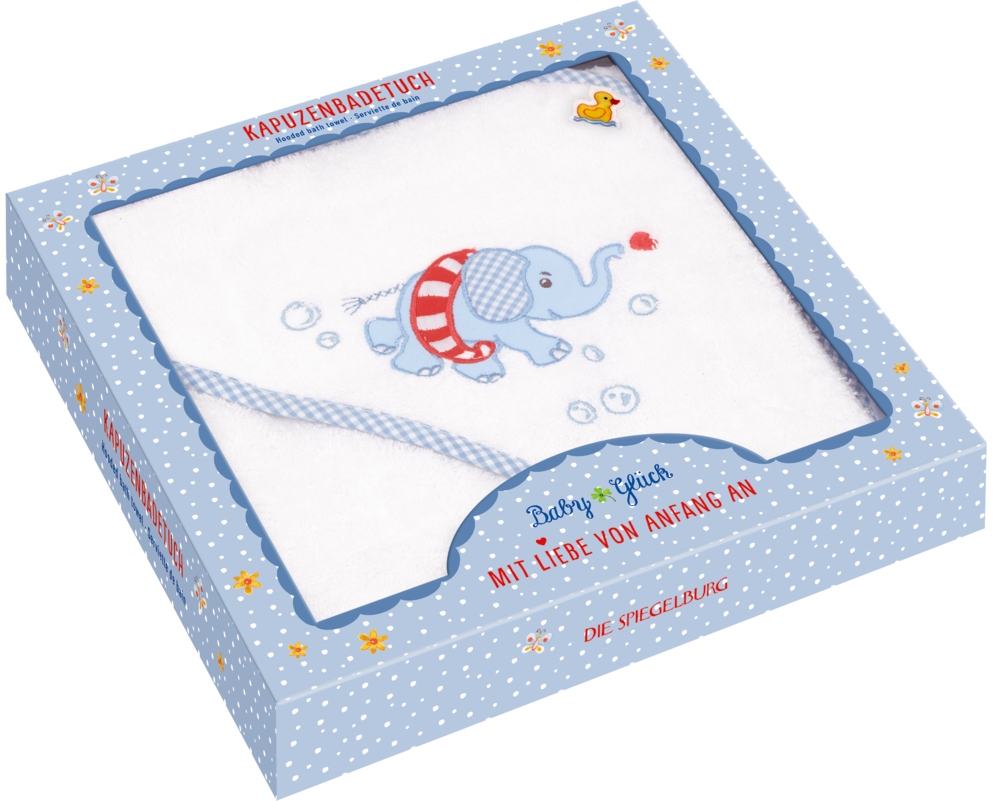 Blaue Geschenkbox mit Baby-Kapuzenhandtuch mit aufgesticktem Elefanten- und Seifenblasendesign.