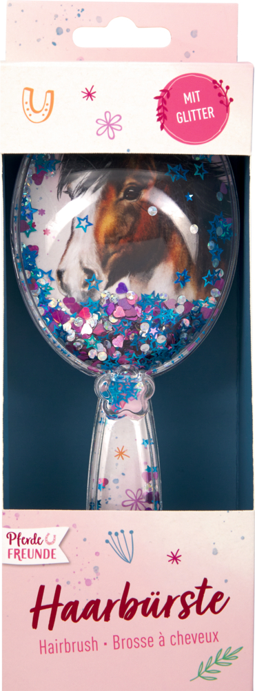Haarbürste in Verpackung mit Pferdemotiv und bunten Glitzersternen und -herzen im Inneren der Bürste.