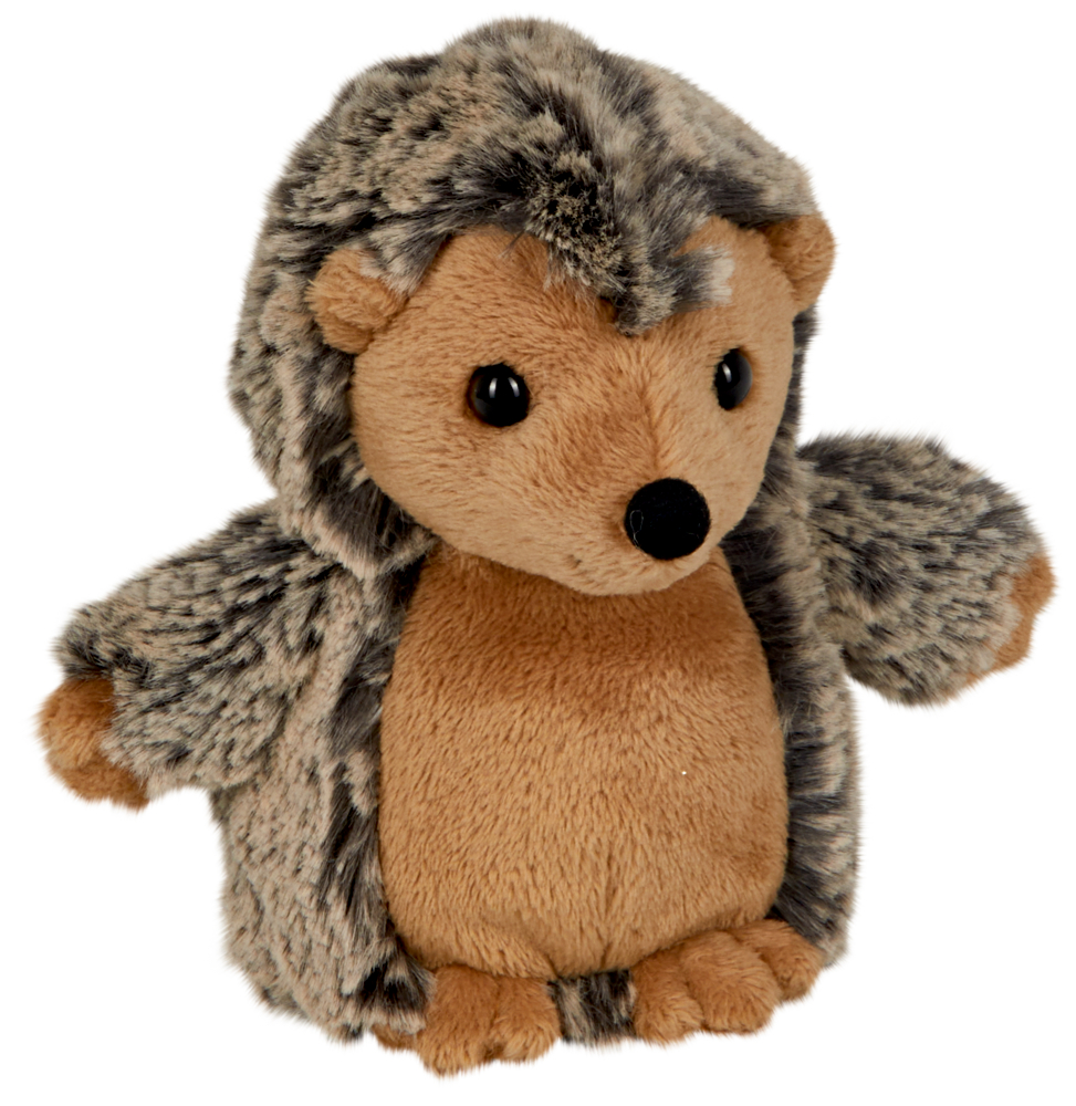 Ein Plüsch-Igel mit braunem Fell vorne und grauem, gesprenkeltem Fell auf dem Rücken und den Seiten.