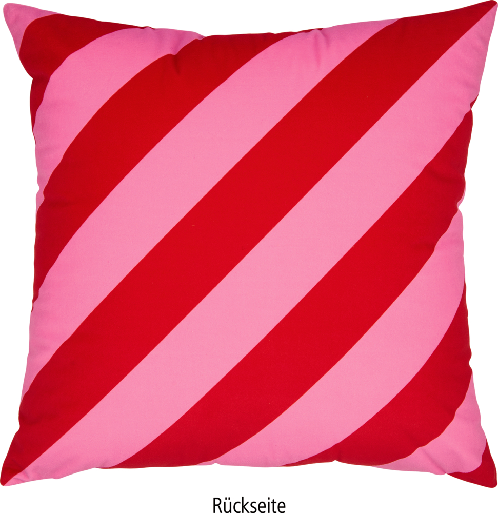 Rückseite des quadratischen Kissens mit diagonalen Streifen in Rot und Rosa.