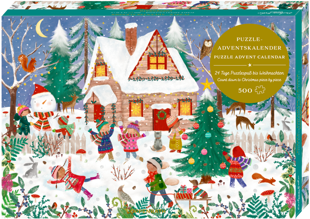 Schneelandschaft mit Wichteln, Schneemann und Haus; illustrierte Puzzle-Adventskalenderbox.