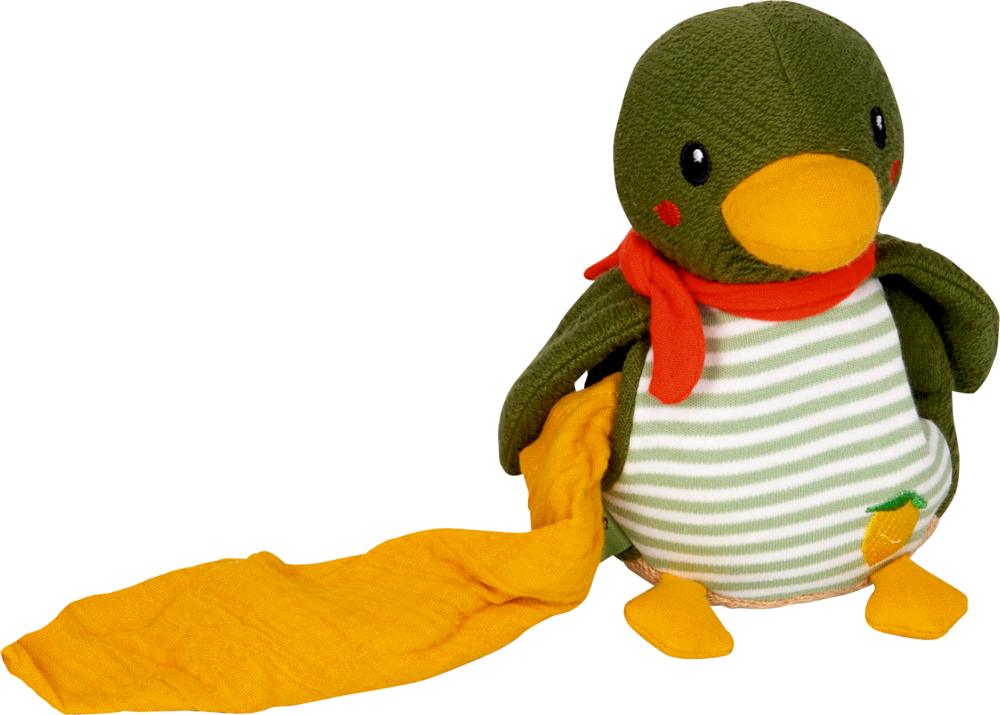 Kuscheltier mit Schnuffeltuch Ente - Little Wonder Grüne Stoffente mit gestreiftem Bauch, orangefarbenem Schnabel, rotem Schal und seitlich angehängtem, gelbem Tuch.