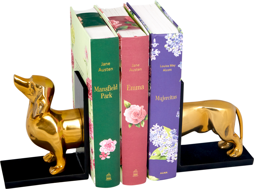 Drei aufrecht stehende Bücher, gehalten von goldenen Buchstützen in Dackelform auf weißem Hintergrund.