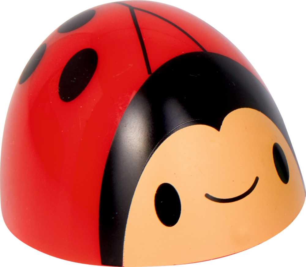 Ein lächelnder Marienkäfer mit roter und schwarzer Färbung.