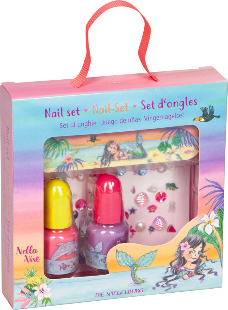 Nagelset mit zwei bunten Nagellacken, Stickern und Meerjungfrauenmotiven in pastellfarbener Box mit Griff.