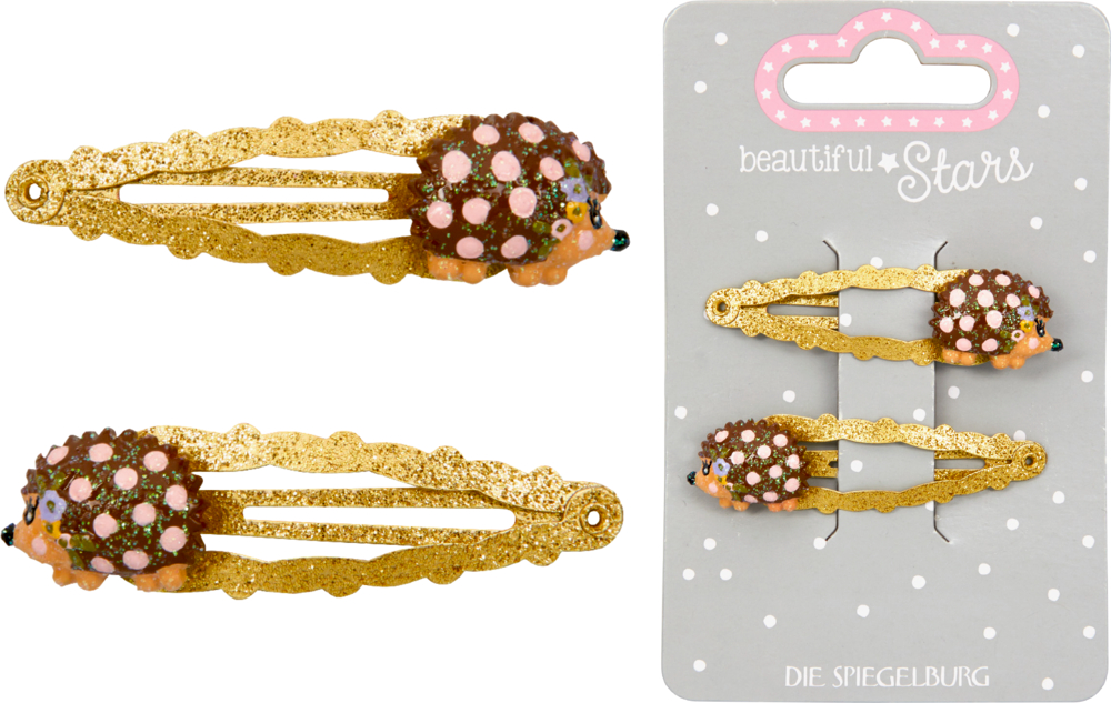 Set aus zwei goldenen Glitzer-Haarspangen und rosa gepunktetem Igel, lose und auf einer Displykarte abgebildet.