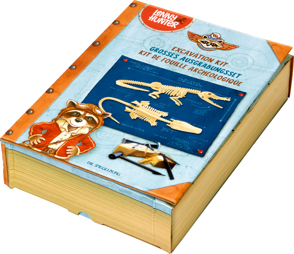 Großes Ausgrabungsset Krokodil - Lenny Hunter Pappschachtel in Buchform mit Dinosaurierskelett-Puzzle und Waschbär im Abenteurer-Outfit.