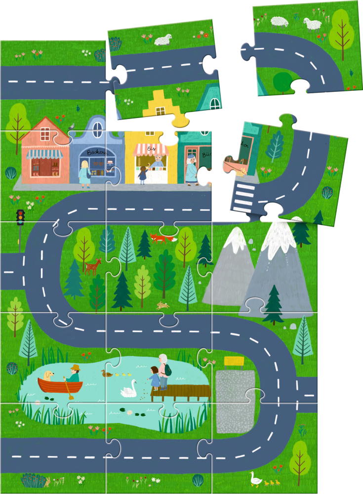 Illustration eines Puzzles mit fehlenden Teilen auf dem eine kurvige Straße führt durch Dorf, Wald, Berge und Teich.