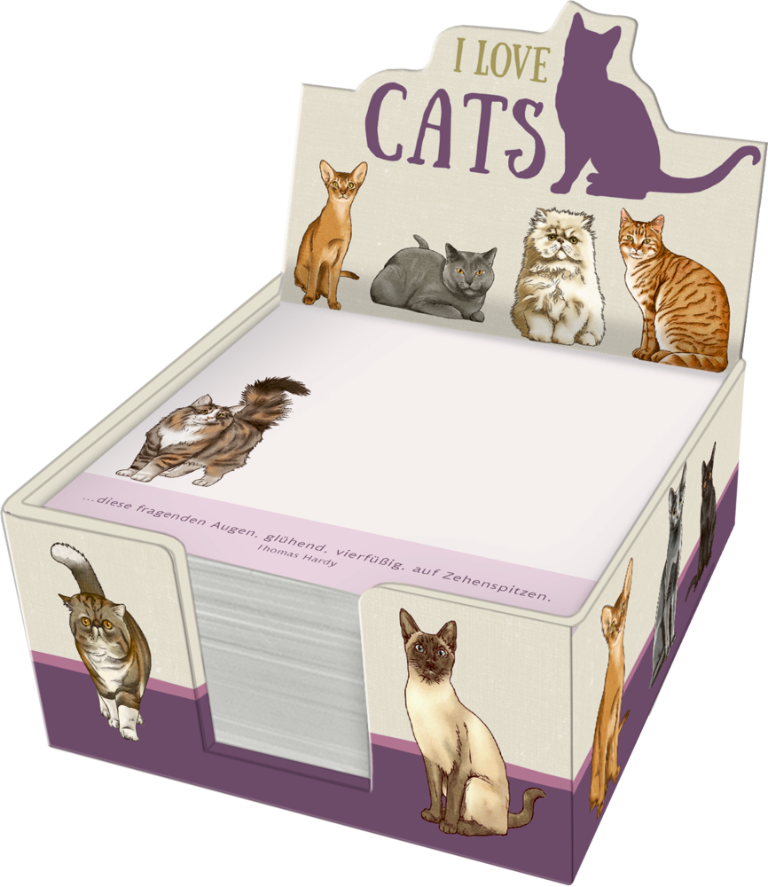 Zettelkästchen: I love cats (cats & dogs) Notizblockhalter mit Katzenillustrationen und dem Satz „I LOVE CATS“ oben.