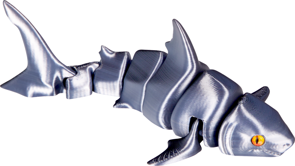 Metallisch glänzender, beweglicher Hai mit gelben Augen, segmentiertem Körper und detaillierten Flossen.