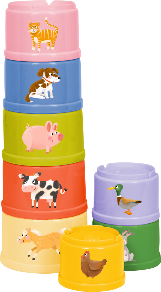 Mehrere bunte Becher mit Tierabbildungen wie Katze, Hund, Schwein, Kuh, Ente, Pferd, Kaninchen und Huhn gestapelt.