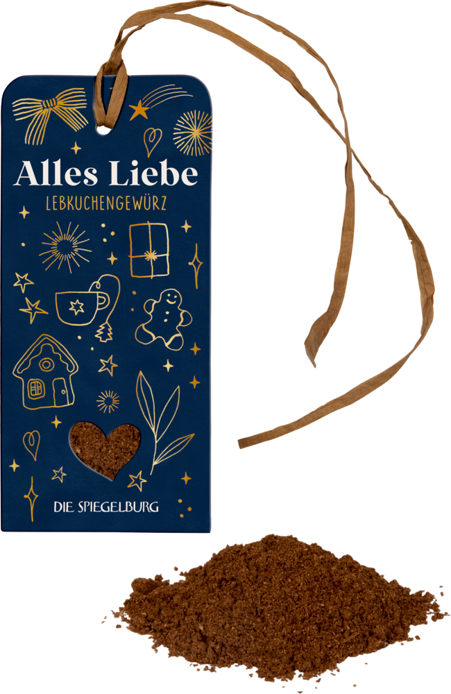 Dunkelblaues Lebkuchengewürz mit goldenen Fest-Details, Herzfenster und braunem Band.