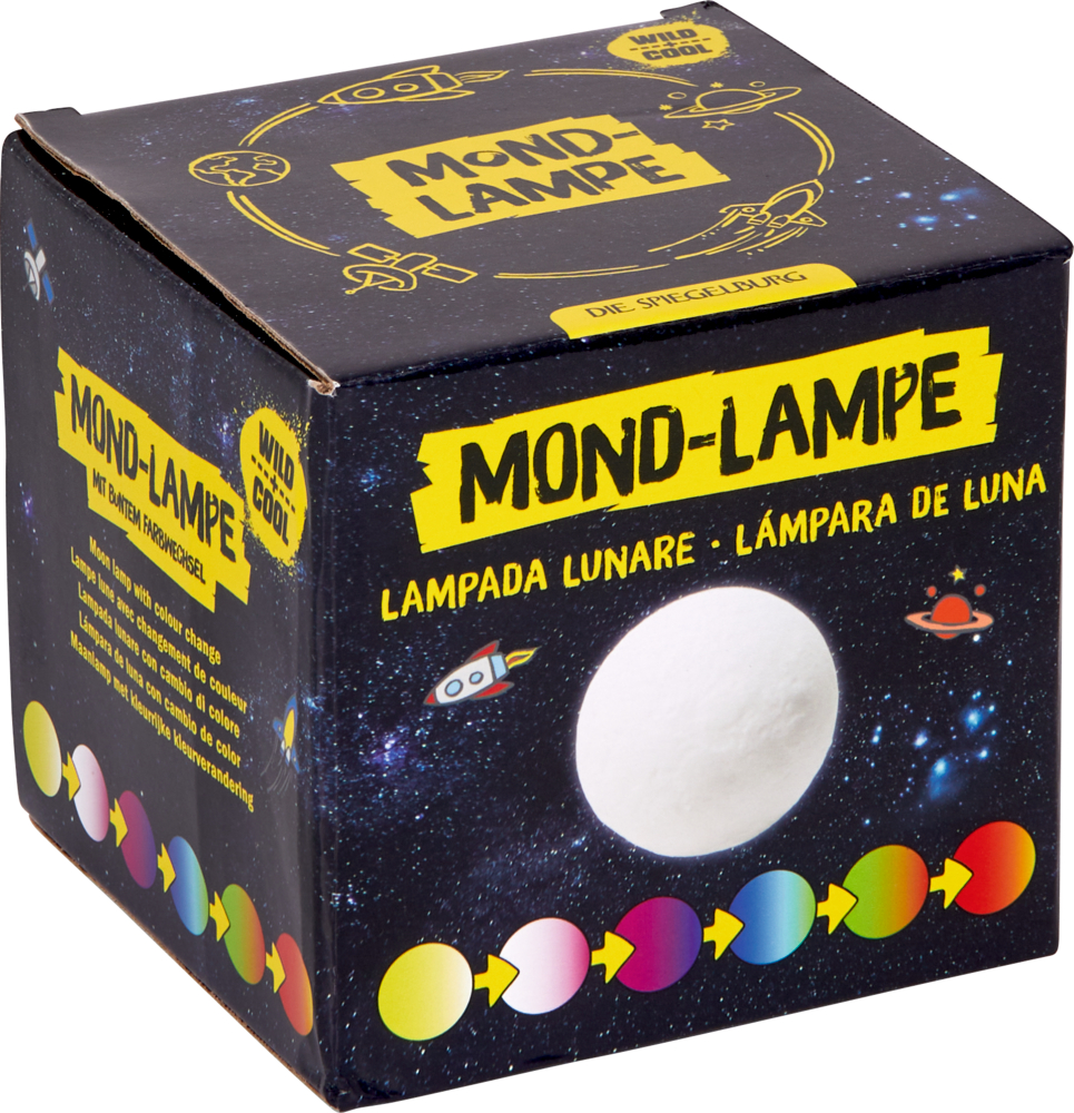 Mond-Lampe (mit Farbwechsel) - Wild+Cool Mond-Lampe-Box mit Weltraumgrafiken und bunten Mondphasensymbolen.