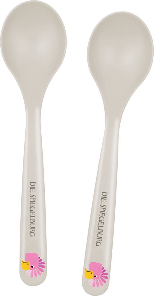 Löffel 2er-Set Kakadu - Freche Rasselbande Zwei weiße Löffel mit rosa Kakadumotiven auf den Griffen und dem Text „DIE SPIEGELBURG“.