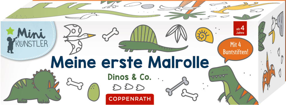 Meine 1. Malrolle: Dinos & Co. (Mini-Künstler) Bunte Box mit Dinosaurier-Illustrationen, beschriftet mit „Meine erste Malrolle – Dinos & Co.“, inkl. 4 Buntstiften.