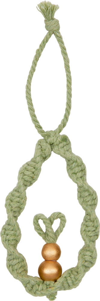 Grüne gedrehte Kordel mit einem Knoten oben und zwei goldenen Perlen unten.