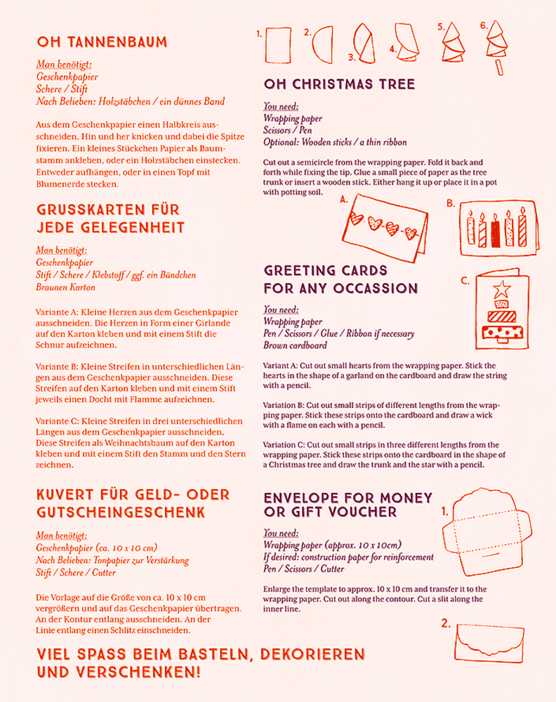 Bastelanleitung mit bebilderten Schritten für Papierbäume, Grußkarten und Umschläge aus Geschenkpapier in Deutsch und Englisch.