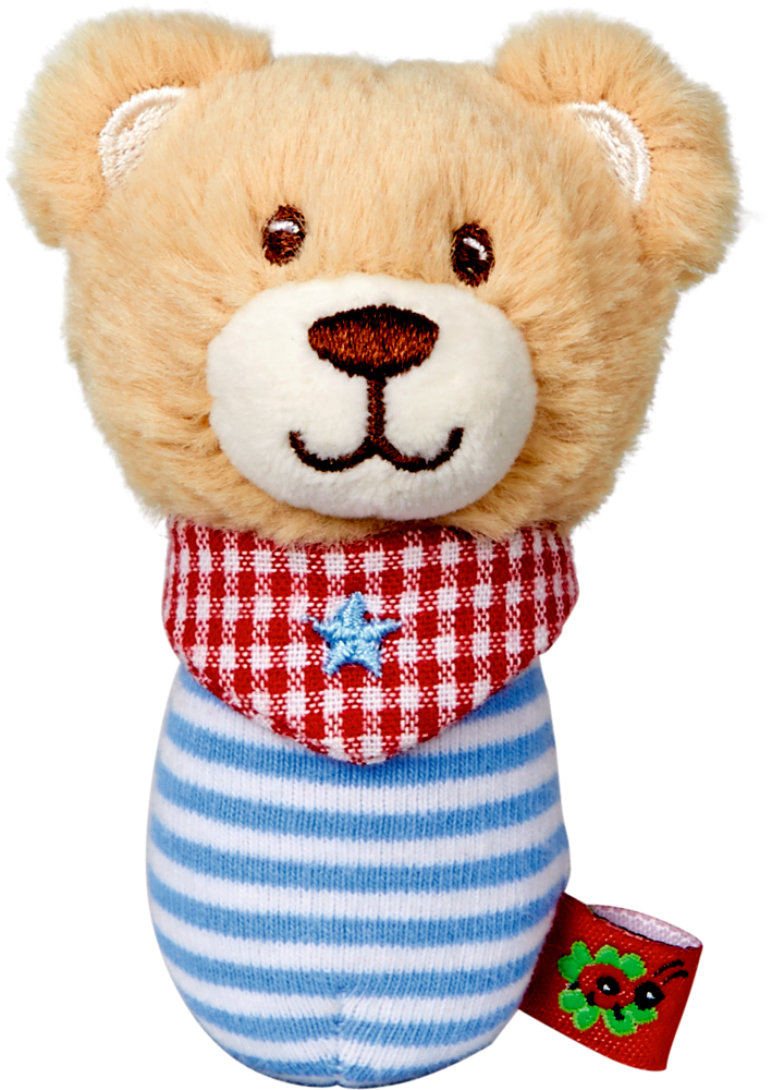 Plüschige Teddybärrassel mit rot kariertem Schal und blau gestreiftem Griff.