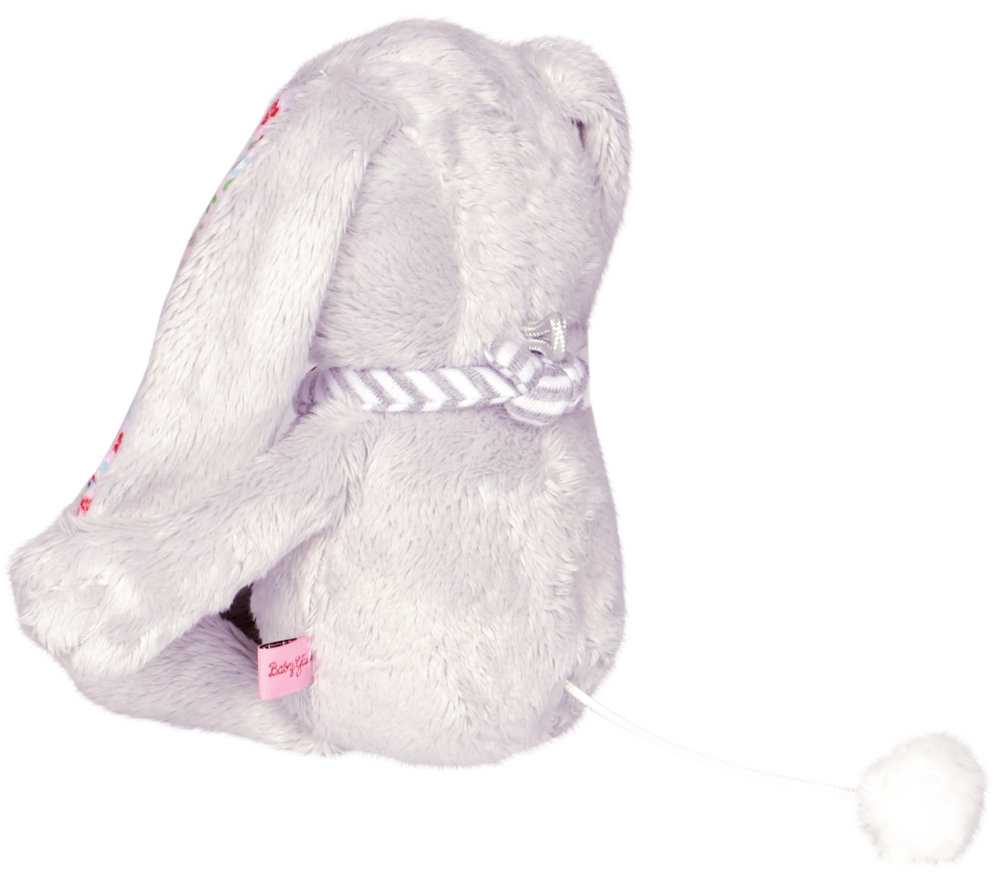 Plüschiger grauer Hasen von hinten. Darstellung mit herasugezogenem Bommelschwanz an einer Schnur.